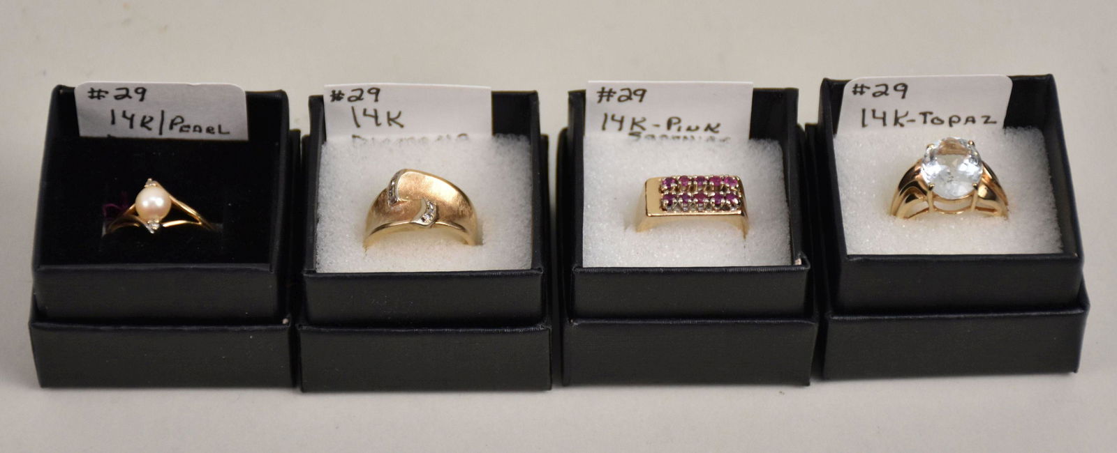 Lot of 4 Gold Vintage Rings, 14kt, Pearl, Pink Sapphire, Diamond and Topaz, Sz. 6, total weight (1 of 6)