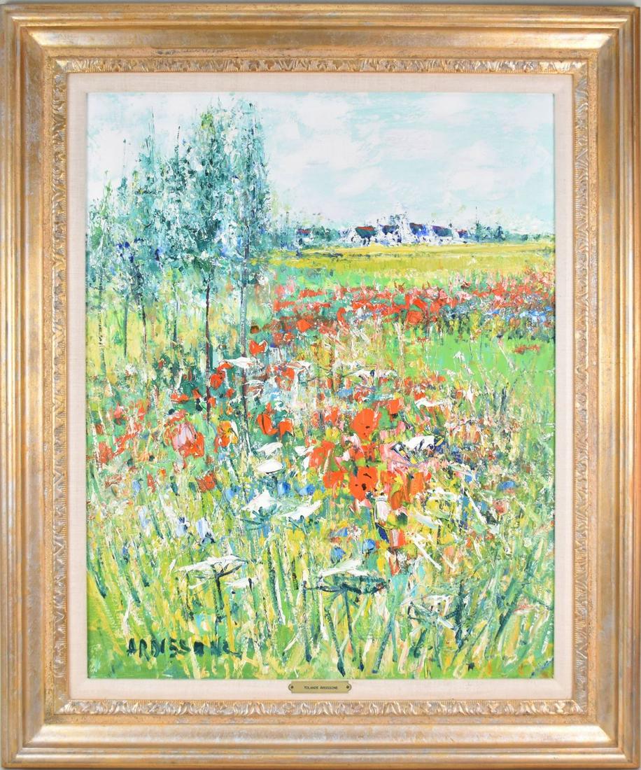 Yolande Ardissone (French, B.1927) oil on canvas, Flower Field Village in Background, 28-1/2 x (1 of 6)