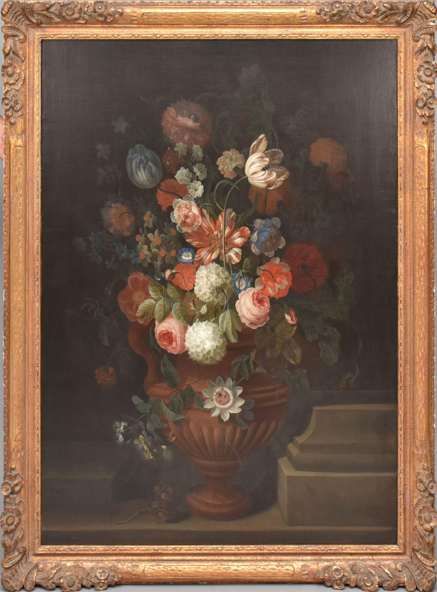 Simon Hardime (Flemish 1672 - 1737) oil on canvas. Still Life- Flowers in a terracotta vase on a (1 of 8)