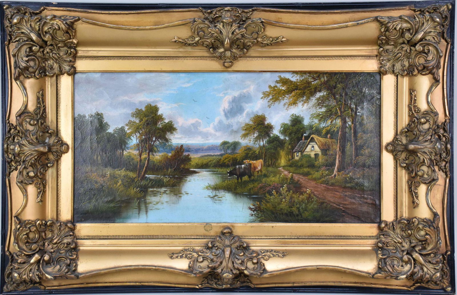 American School, oil on canvas, Cows and Cottage, Antique Landscape, 12 x 24 (1 of 7)