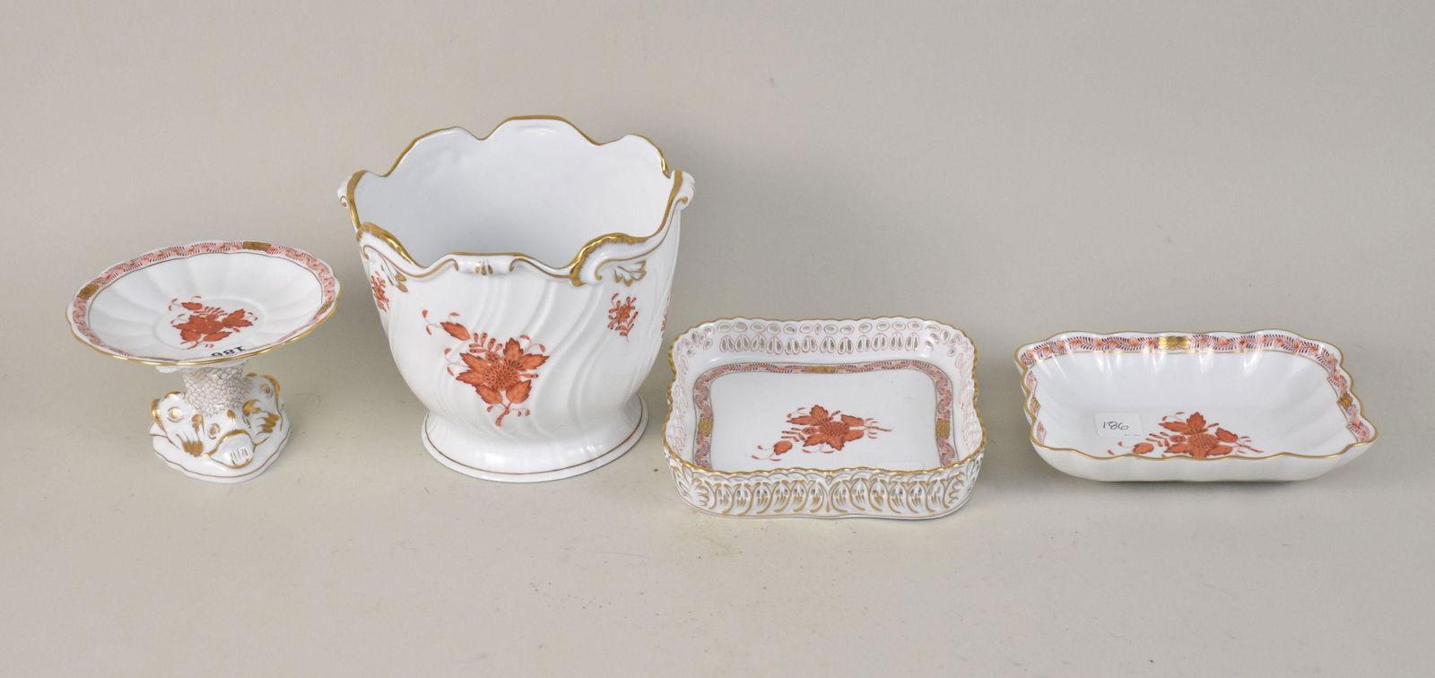 4 Herend Porcelain Pcs, Chinese Bouquet Red, Incl; Cachepot (6 1/2"h x 7 1/2"dia), Dolphin Pedestal (1 of 5)