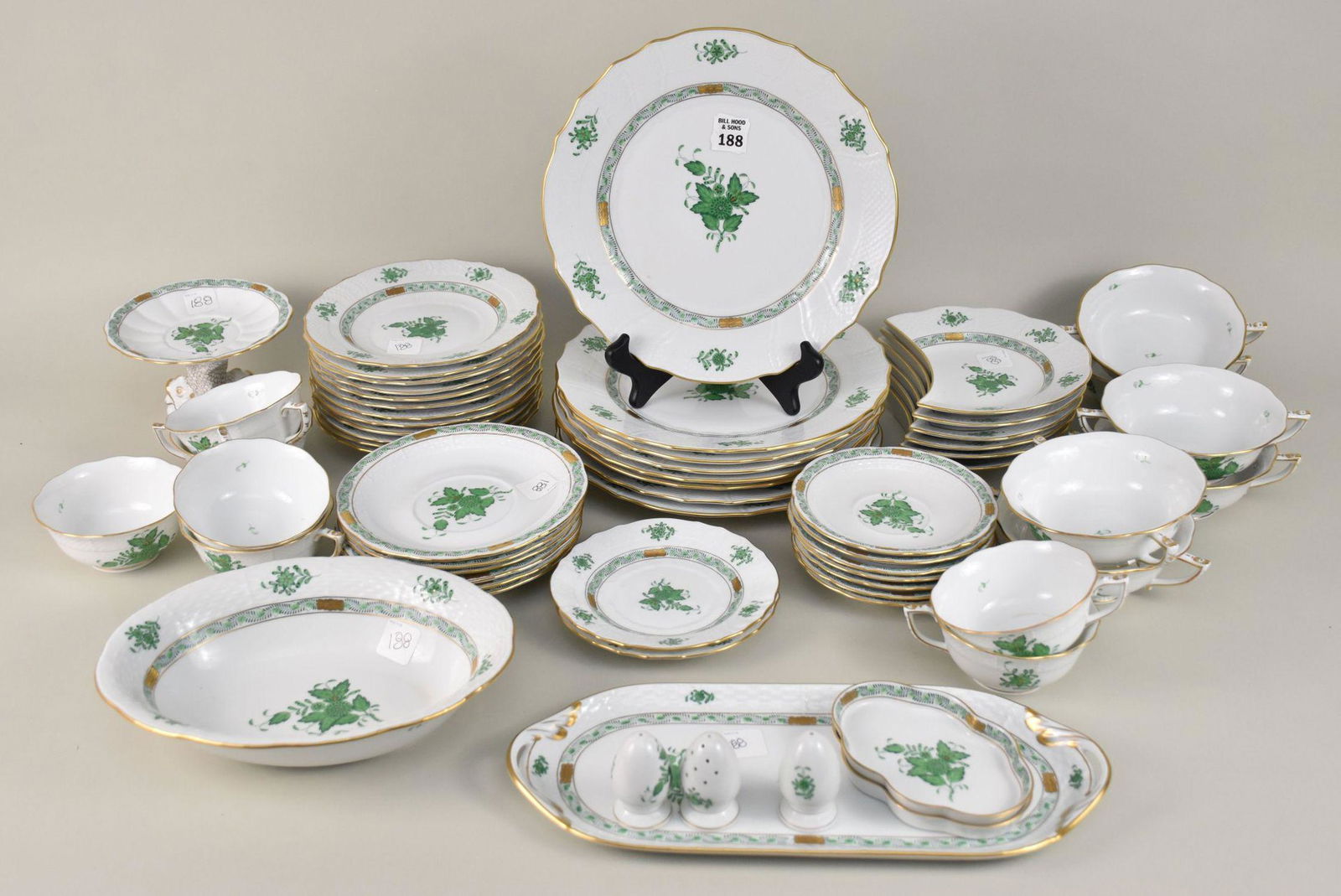 Herend Porcelain China, Chinese Green Bouquet, Incl; 8 Dinner Plates (10 1/4"dia), 12 Plates (7: Herend Porcelain China, Chinese Green Bouquet, Incl; 8 Dinner Plates (10 1/4"dia), 12 Plates (7 1/4"dia), 6 Cream Soup Saucers, 6 Cream Soups, 7 Cups, 7 Saucers, 2 Misc. Saucers (6 1/4"), 6 Bone Dishe