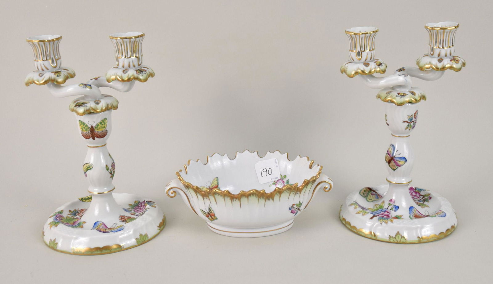 Pair Herend Porcelain Double Branch Candlesticks, Queen Victoria Green Pattern, (9"h) and Small (1 of 8)