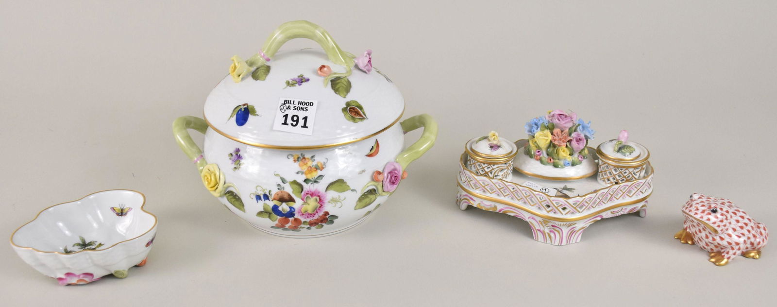 4 Herend Porcelain Pcs, incl; Rust Fishnet Frog, Inkwell (6"w, has damage), Small Dish (1 3/4"h x 3 (1 of 8)