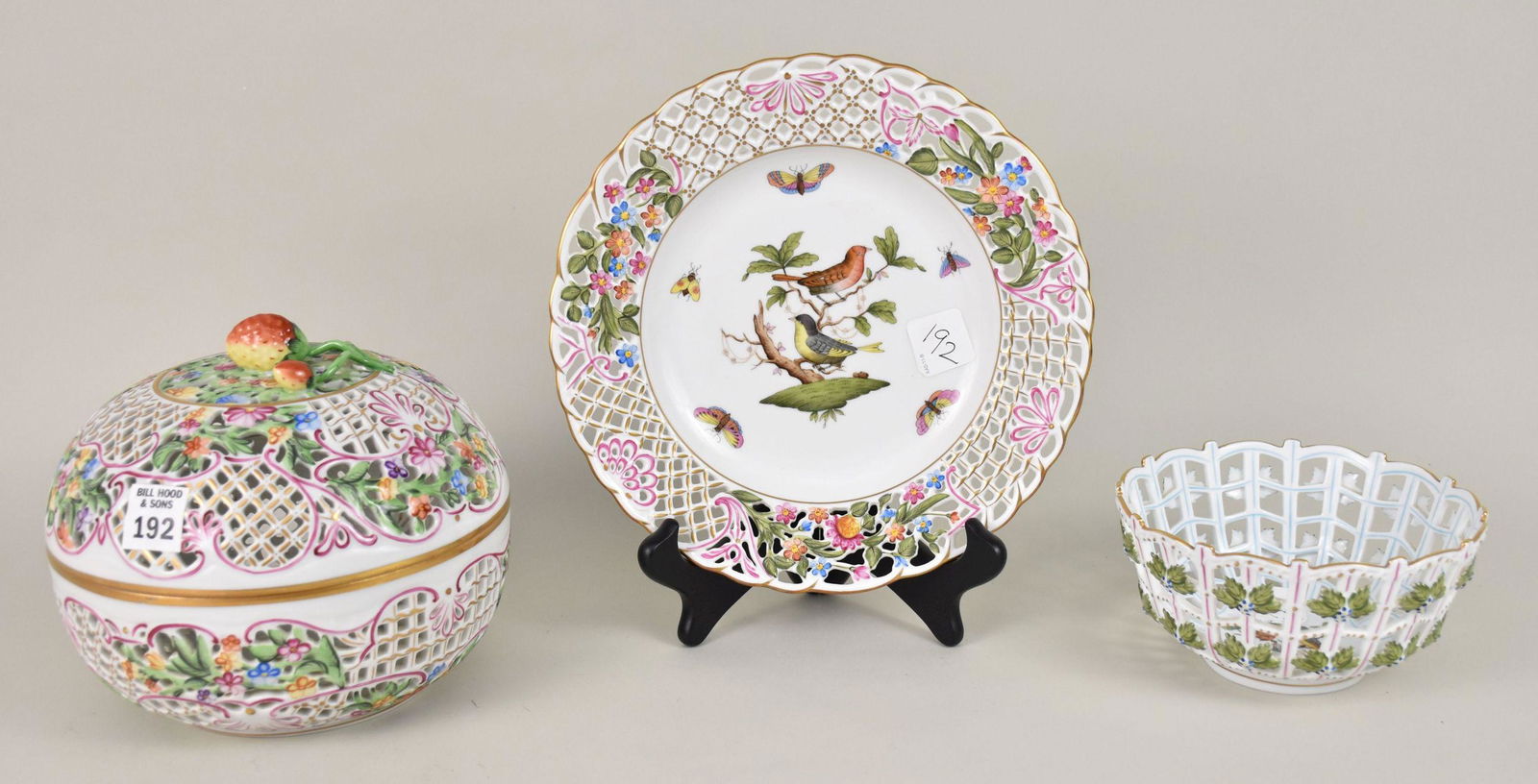 3 Herend Porcelain Reticulated Pcs, incl; Covered Bowl Strawberry Finial, (6 1/2"h x 8"dia), Plate (1 of 7)