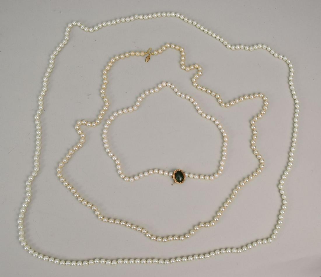 3 Pearl Necklaces, 1 with 14K Yellow Gold Jade Clasp. Sizes 22" 48" and 60" (1 of 3)