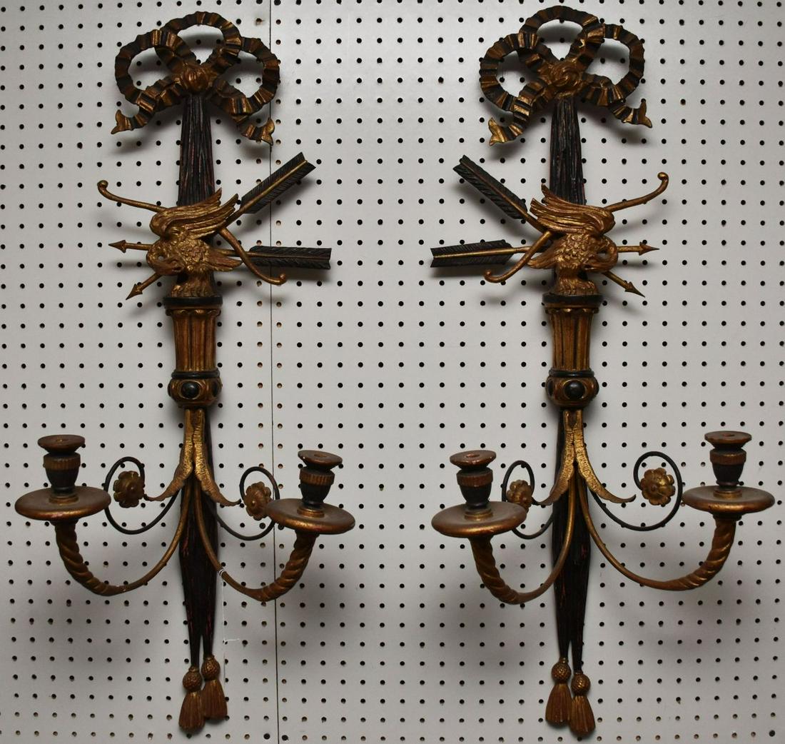 Pair French Double Branch Wall Sconces, Trophy & Bow Motif, Black with Gold, 38"h x 12"w: Pair French Double Branch Wall Sconces, Trophy & Bow Motif, Black with Gold, 38"h x 12"w