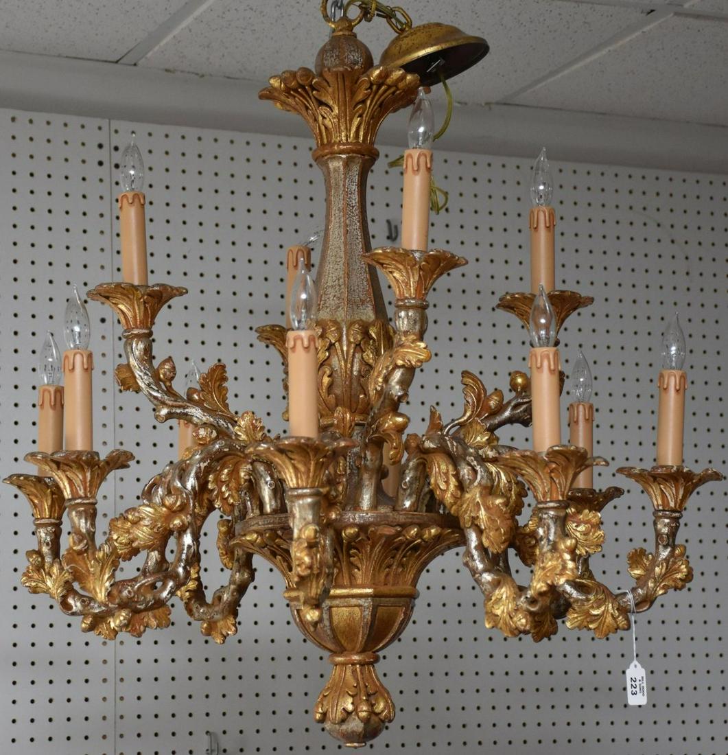 12 Branch Carved Chandelier, Ornate Gold & Silver Leaf & Acorn Motif, 29"h x 32"w (1 of 5)