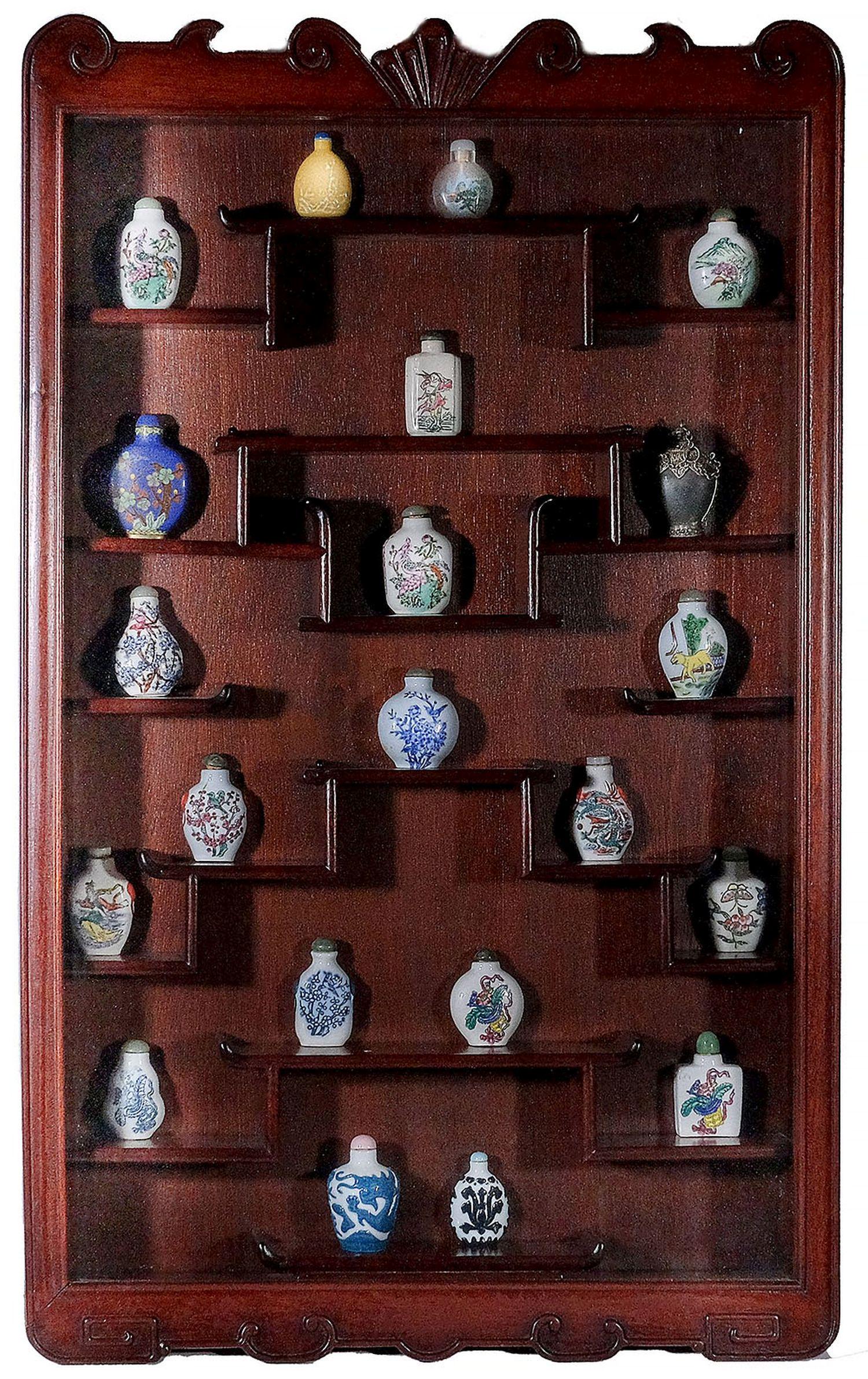 Chinese Style Hanging Display Cabinet Complete with 21 Assorted Snuff Bottles, 33"h x 20"w x 3 1/2"d (1 of 7)