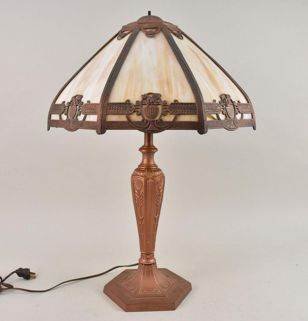 Caramel Slag Glass Lamp Shade with Floral Metal Motif on Tapered Slag Glass and Metal Column, 22"h x (1 of 7)