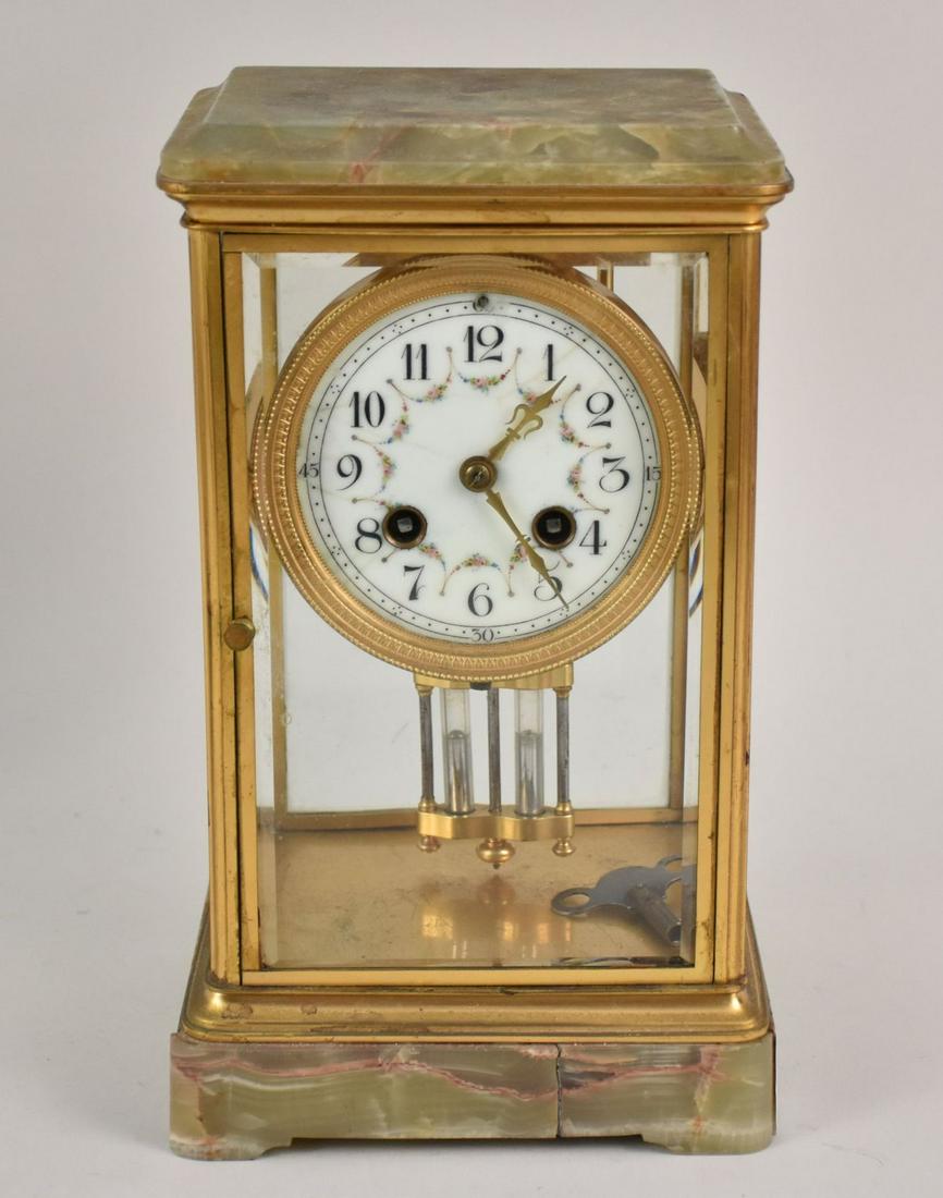 Mantle Clock, 8 Day, Painted Porcelain Face on Green Onyx Base,10 1/2"h x 6 1/4"w x 5 1/4"d (some (1 of 7)