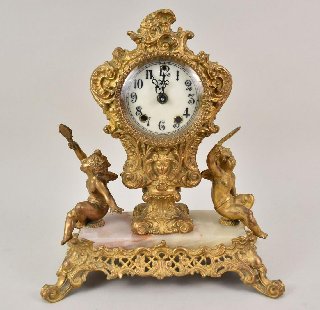 Vintage Gilt & Marble Mantle Clock, Cherubs, Glass Hinged Front Door, Porcelain Face, 2 Hole Face, (1 of 6)