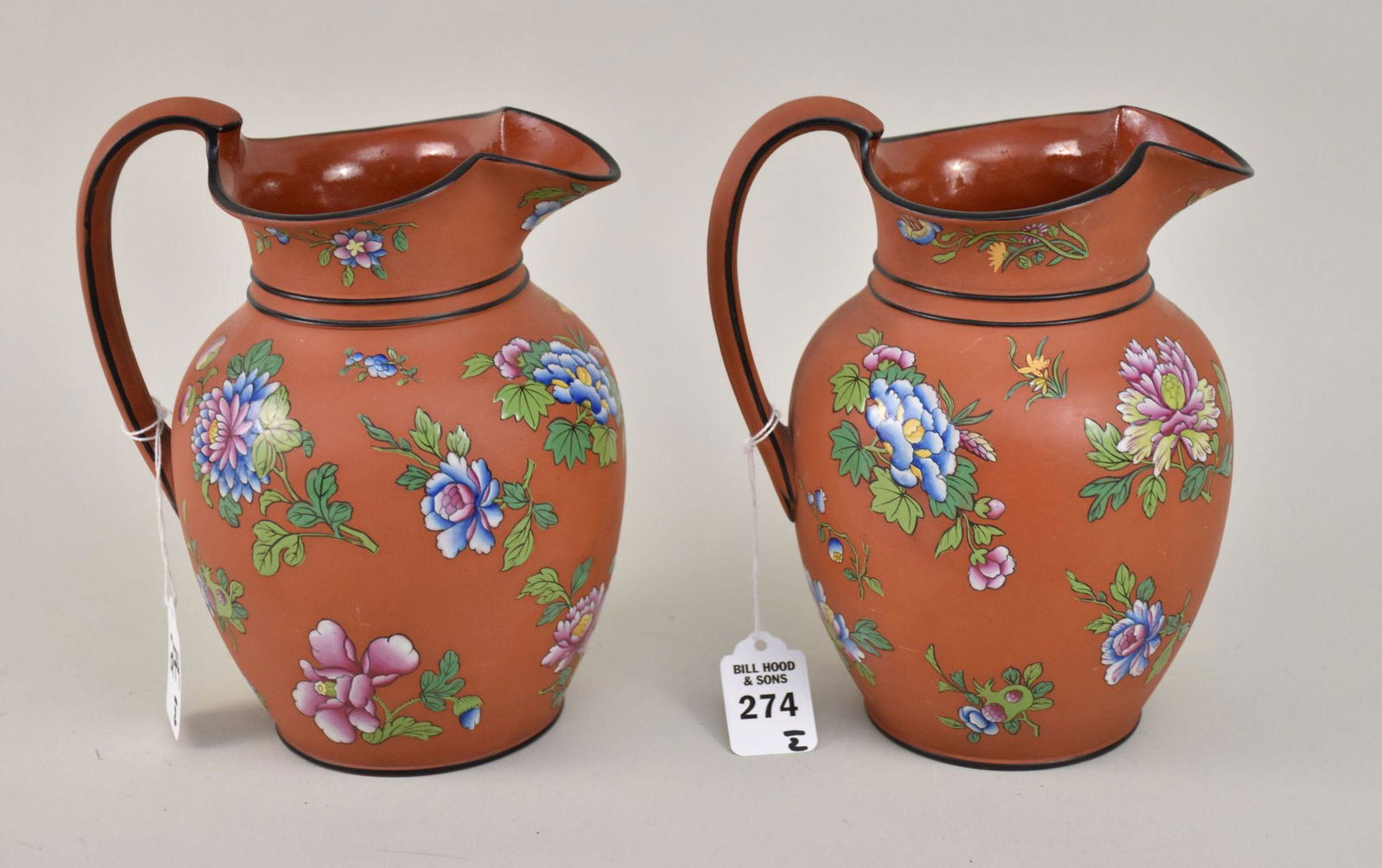 Pair Antique Wedgwood Rosso Antico Terracotta Enameled Ewers - c. 19th century. English Wedgwood. A (1 of 8)
