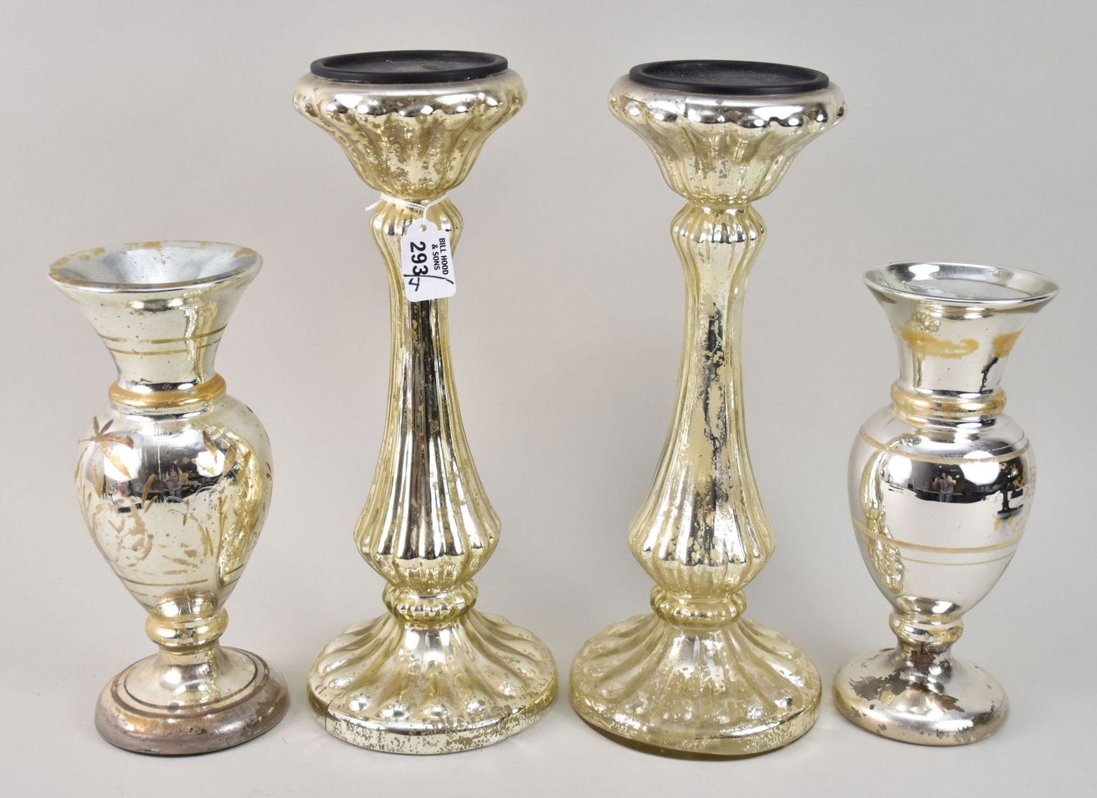 4 Mercury Glass Pcs, 2 Vases (10 1/2"h) AND Pair of Candlesticks for Pillar Candles (15"H) (1 of 4)