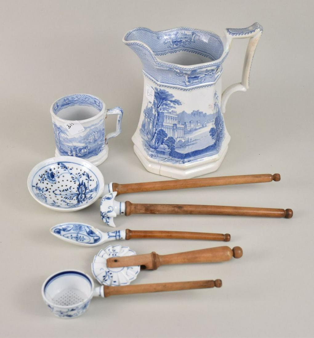 Lot of 19th c. Blue & White Transferware, Pitcher (9"h), Mug (4"h) and 5 Accessories (1 of 6)