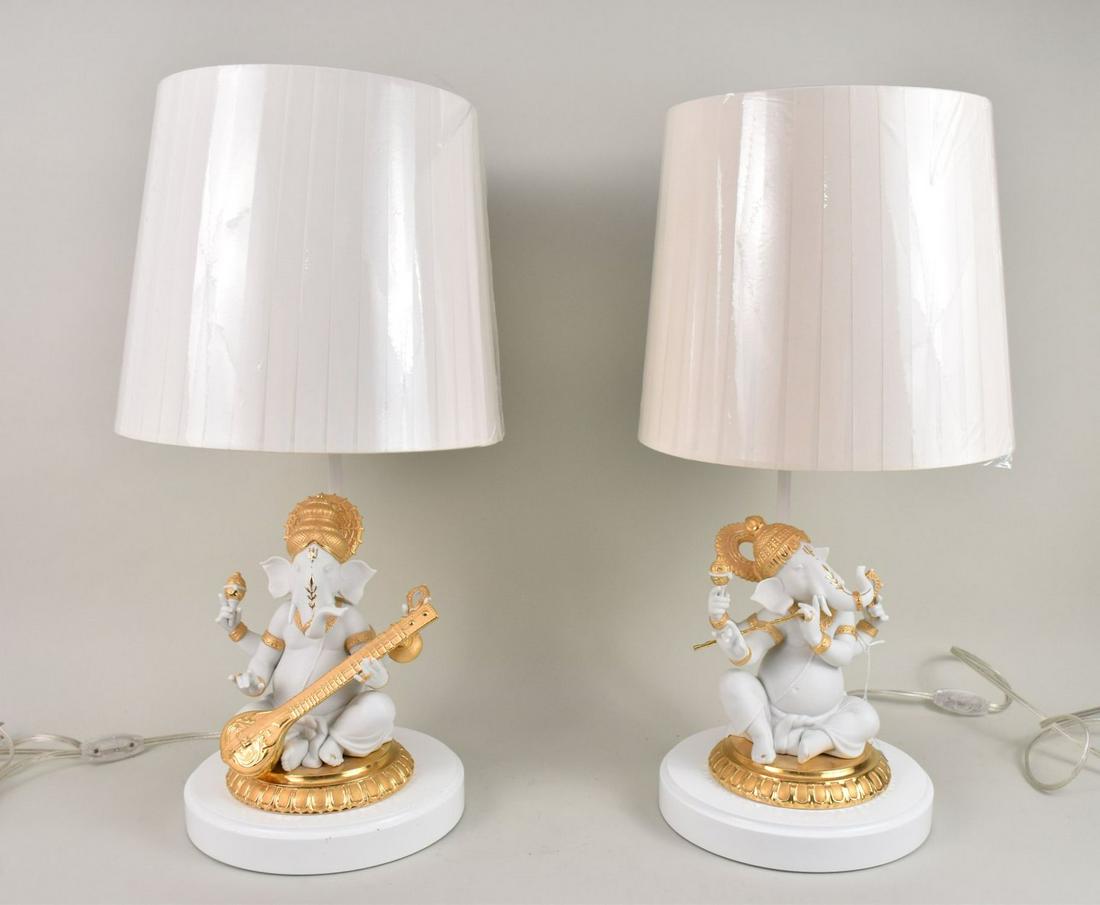 Pair of Lladro Veena Ganesha Table Lamps with Golden Luster (1 of 11)