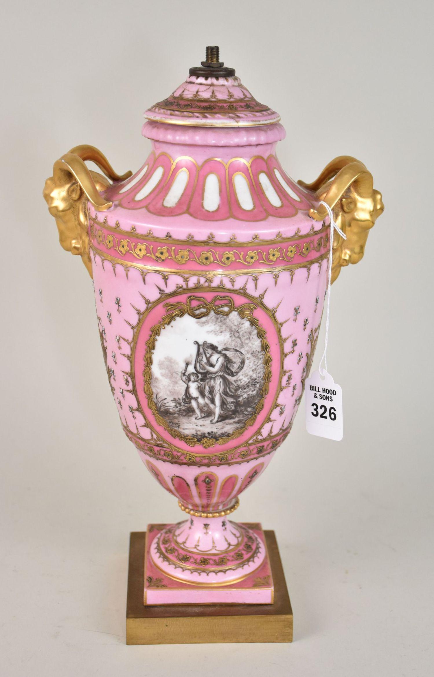 Antique Sevres Porcelain Urn Drilled as a Lamp Base - A pink ground porcelain Urn, gilt goat head (1 of 10)