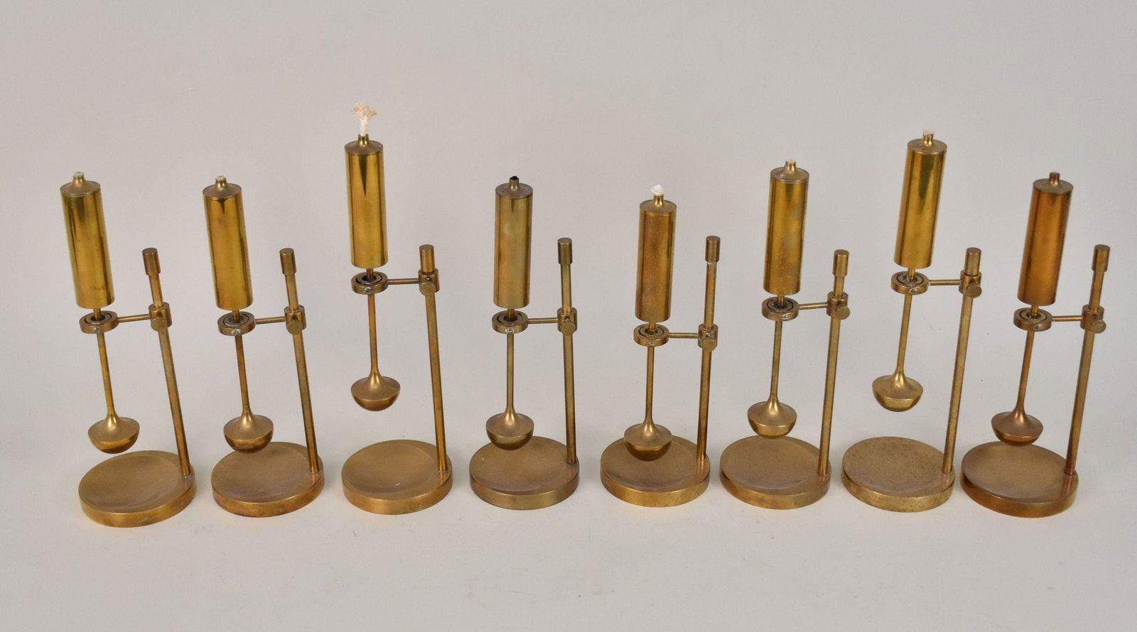 8 Mid Century Finely Tooled Brass Gyroscope oil lamps, Denmark Ca. 1960s, Approx. 9-10": 8 Mid Century Finely Tooled Brass Gyroscope oil lamps, Denmark Ca. 1960s, Approx. 9-10"