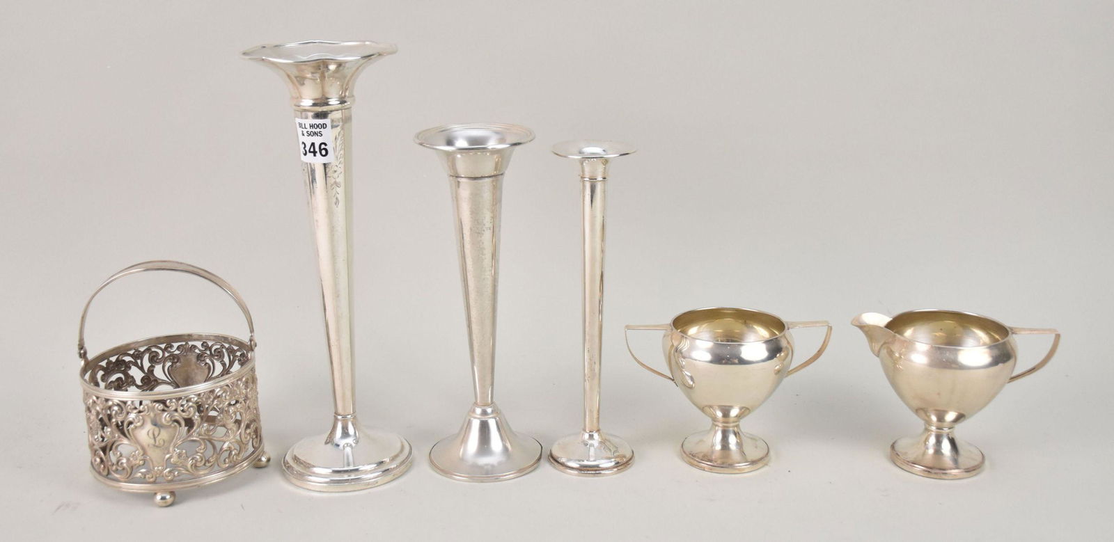 Lot of 6 Vintage Sterling Bud Vases, Creamer/Sugar and Handled Basket, 28.9ozt (1 of 4)