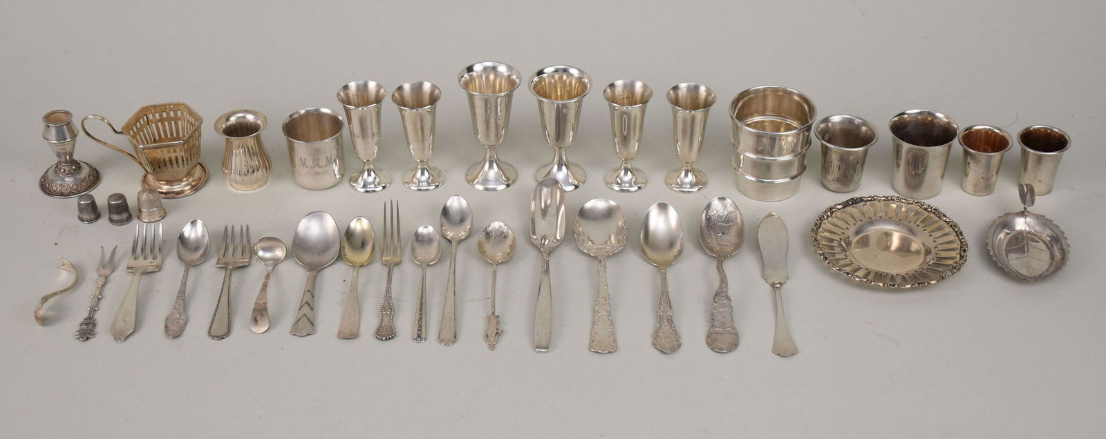 Lot of Sterling Cordials, Shots, Measures, Thimbles, Flatware and Small Servers, 24.3ozt: Lot of Sterling Cordials, Shots, Measures, Thimbles, Flatware and Small Servers, 24.3ozt