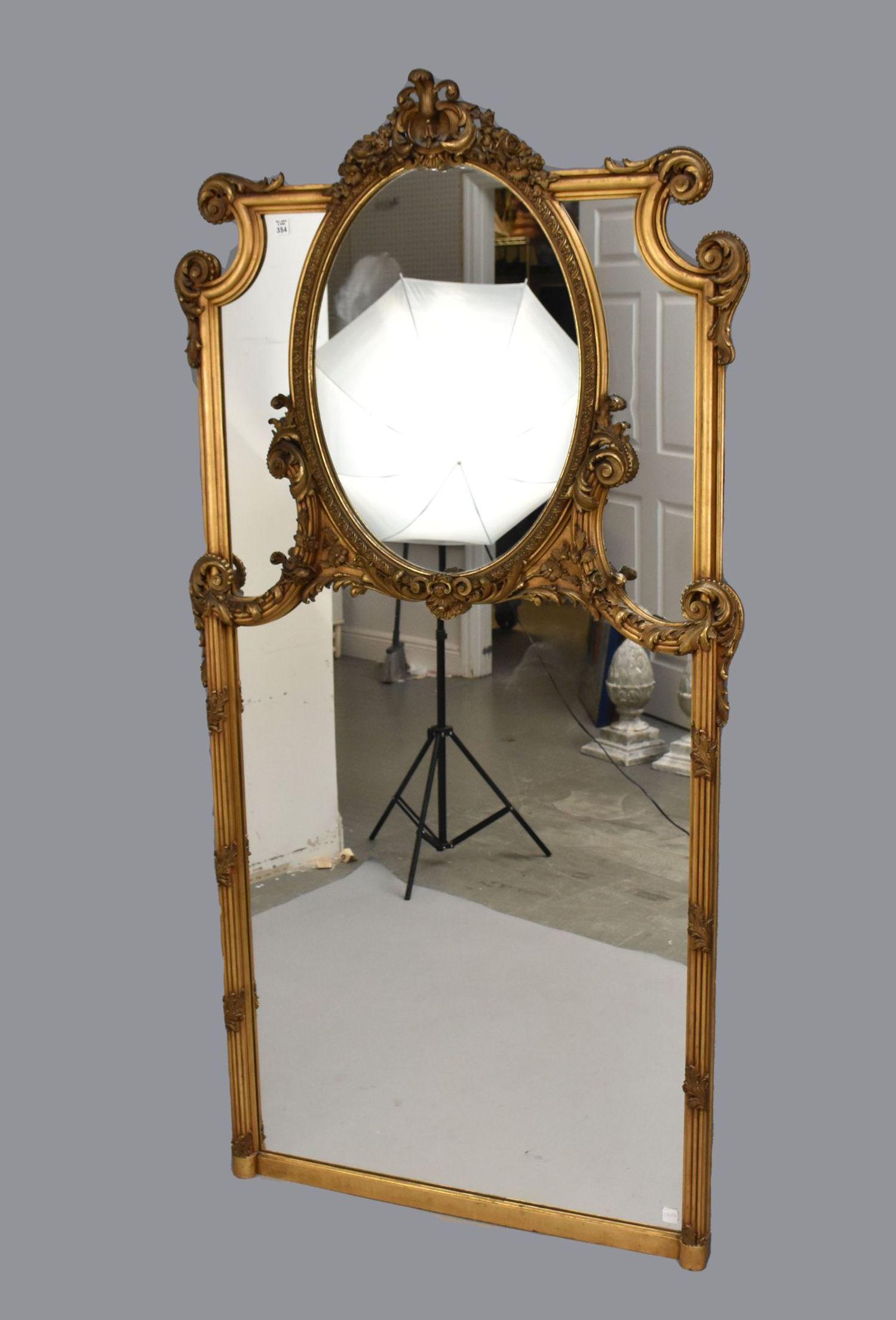 Oversized Gilded Carved Mirror with Oval Center, Plume Crest, Acanthus Leaf Motif, 76"h x 38"w (1 of 6)
