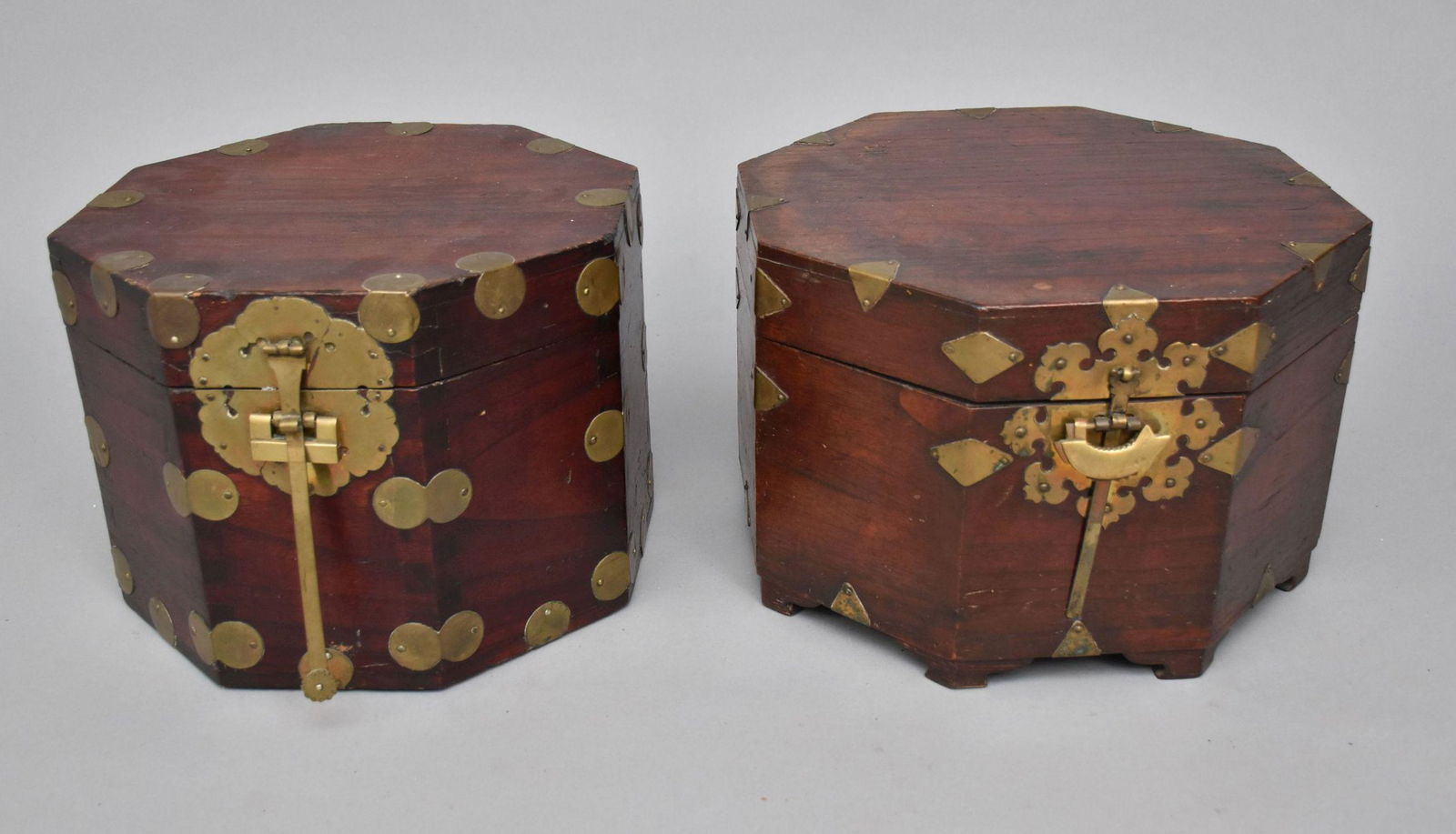 2 Chinese Wood Octagonal Form Hat Boxes with Brass Fittings, 9 3/4"h x 13"w (1 of 6)