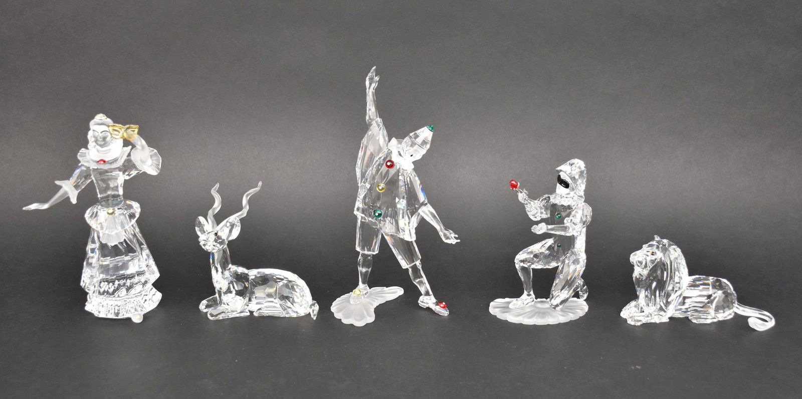 5 Swarovski Pcs,  Masquerade Lady, Kneeling Jester with Rose, Clown, Deer with Antlers (small chip), (1 of 10)