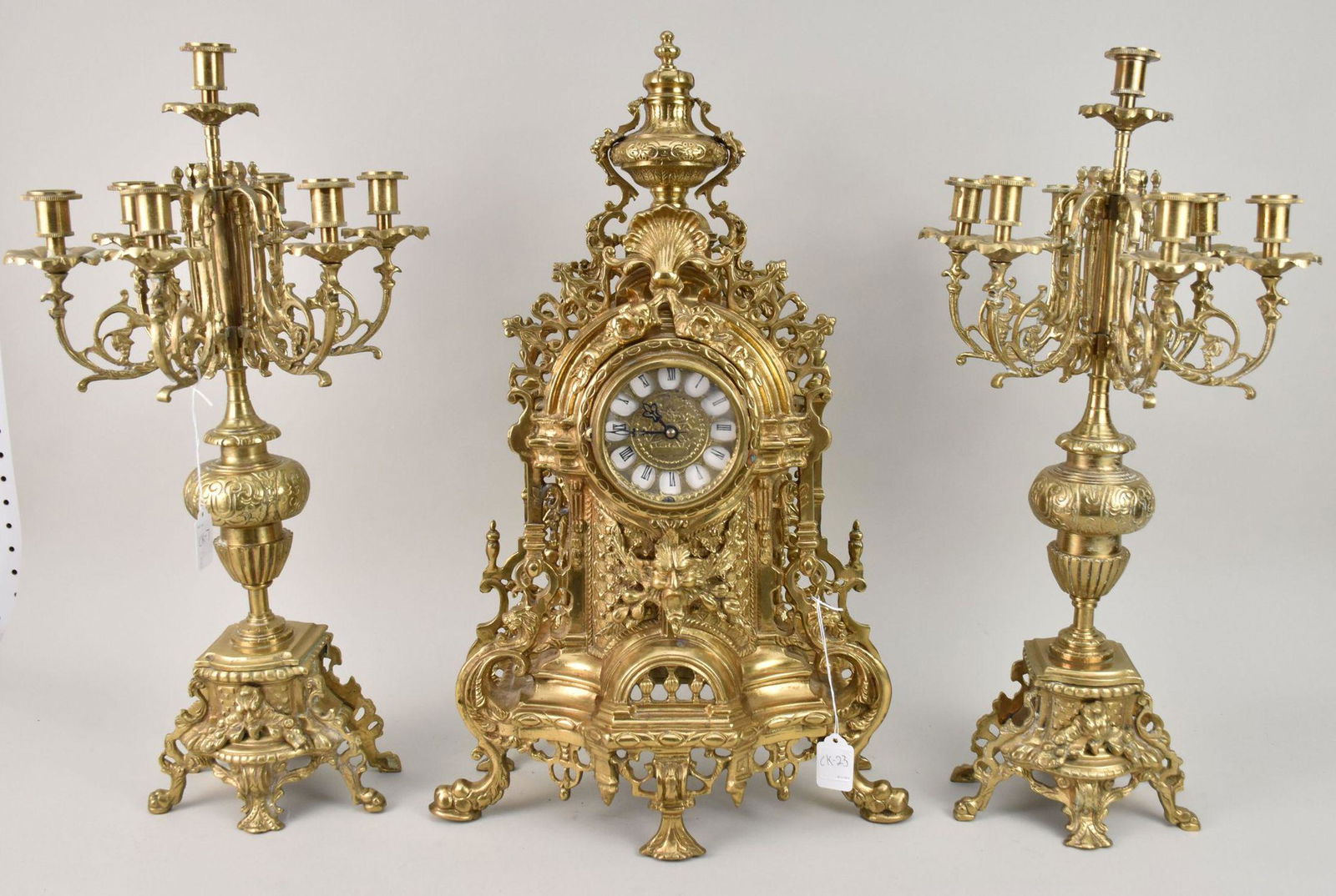 Brass Louis XV-Style Mantle Clock Candelabra Garniture Set - 20th century. An ornate brass mantle (1 of 12)