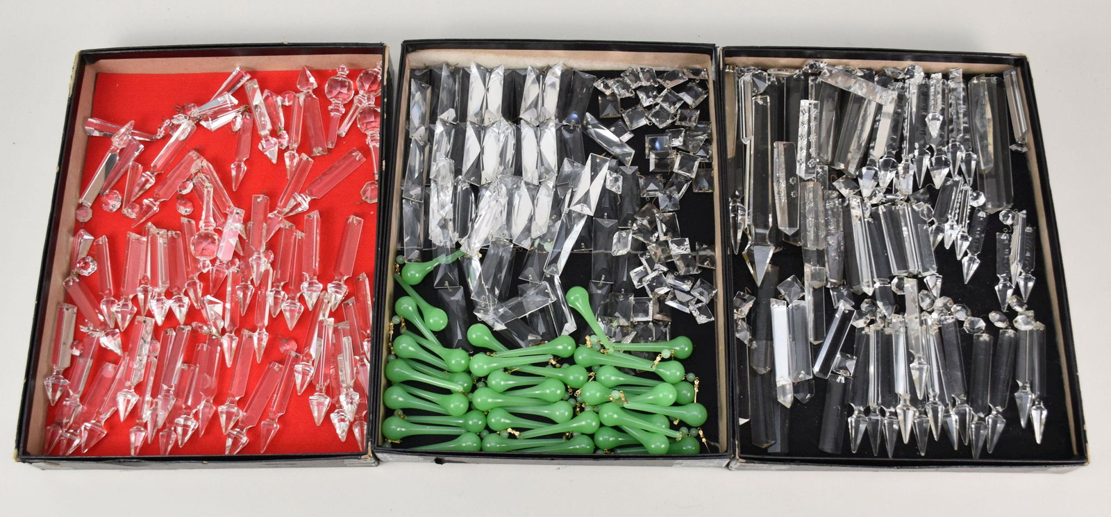 3 Box Lots Crystals, incl;  38 Elongated Opaque Green Drops (3"), Assorted Crystal/Glass Spears (cut (1 of 7)
