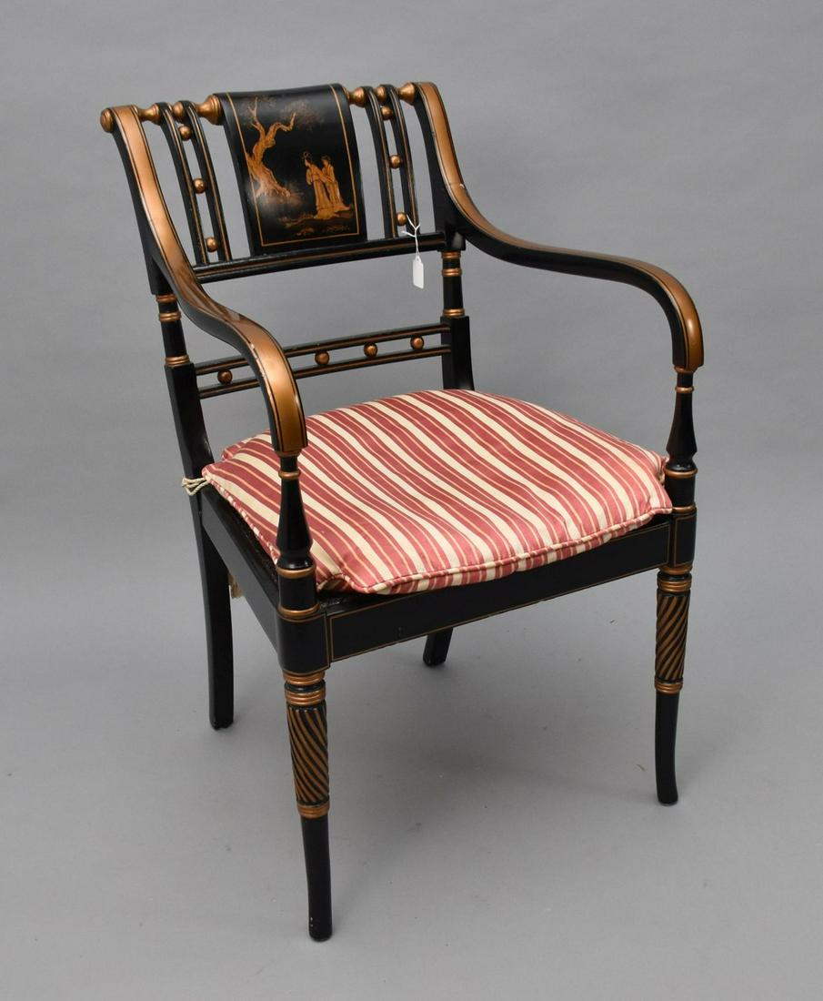 Black Sheridan Armchair, Gilded Highlights with Caned Seat, 35"h x 21"w x 19"d: Black Sheridan Armchair, Gilded Highlights with Caned Seat, 35"h x 21"w x 19"d