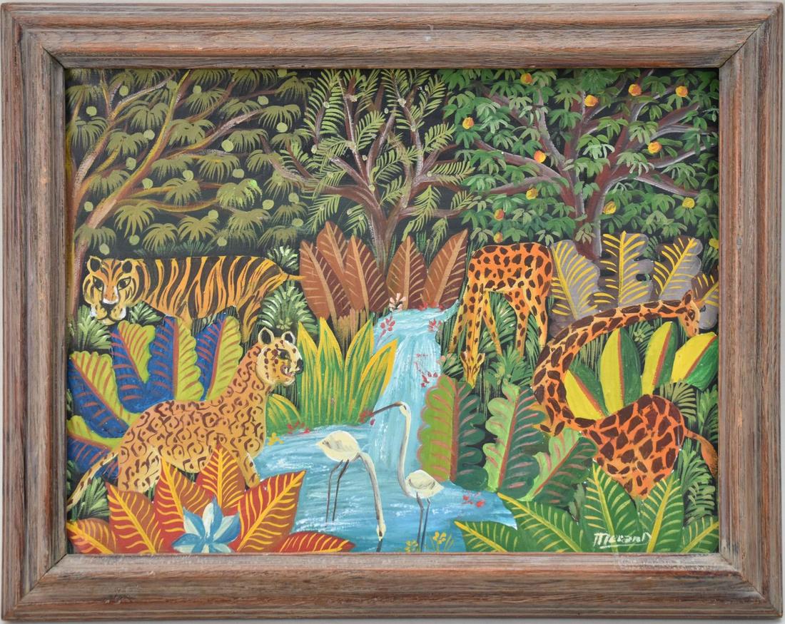 Jungle Haitian Painting, 12 x 16, signed Merand: Jungle Haitian Painting, 12 x 16, signed Merand