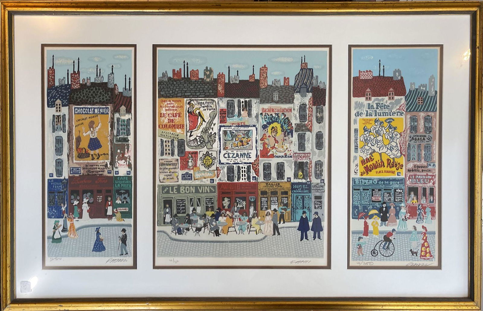 Josef Farhi (Israel,1933-1997) Tryptic Lithograph of French Street Scenes.  Pencil signed and (1 of 5)