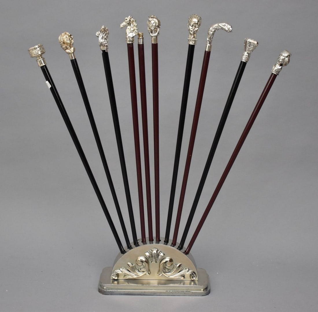 Collection of 10 Canes in Custom Stand, signed L. Soprani (one as is broken and glued handle) (1 of 12)