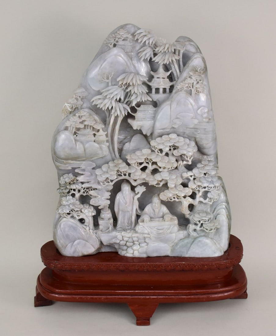 Extra Large Chinese Jade Mountian Carving - Large Chinese jade carving of a mountain scene with (1 of 11)