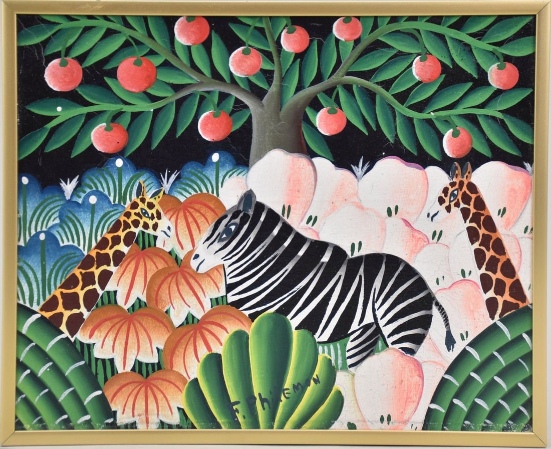 F. Philemon Haitian 20th Century, Jungle with Animals, oil on canvas board, size 8 x 10 inches.: F. Philemon Haitian 20th Century, Jungle with Animals, oil on canvas board, size 8 x 10 inches.
