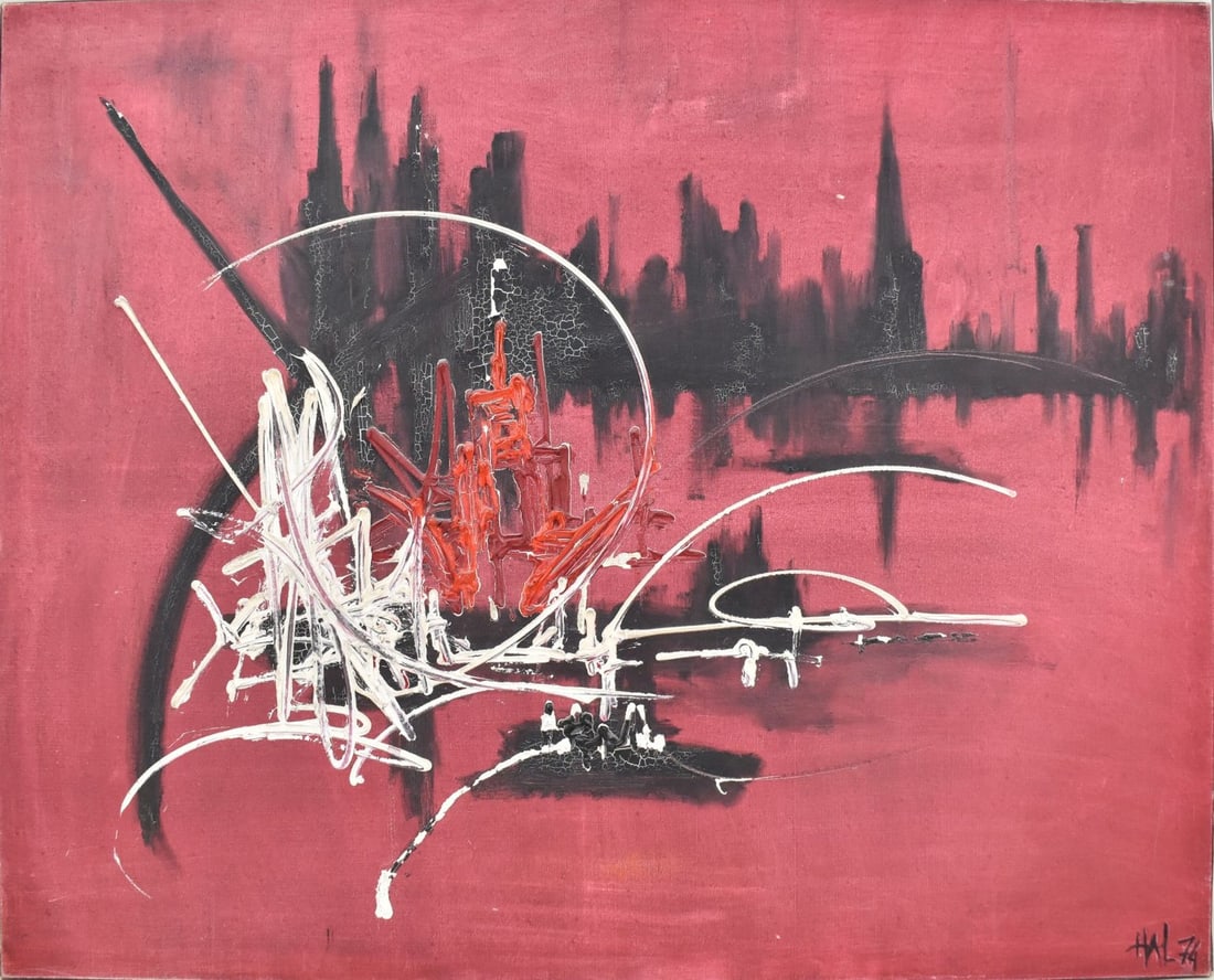 Georges Mathieu Style French Abstract City Scape, signed illegibly and dated '74 lower right. Manner: Georges Mathieu Style French Abstract City Scape, signed illegibly and dated '74 lower right. Manner of Georges Mathieu, oil on canvas, 38 x 51 inches