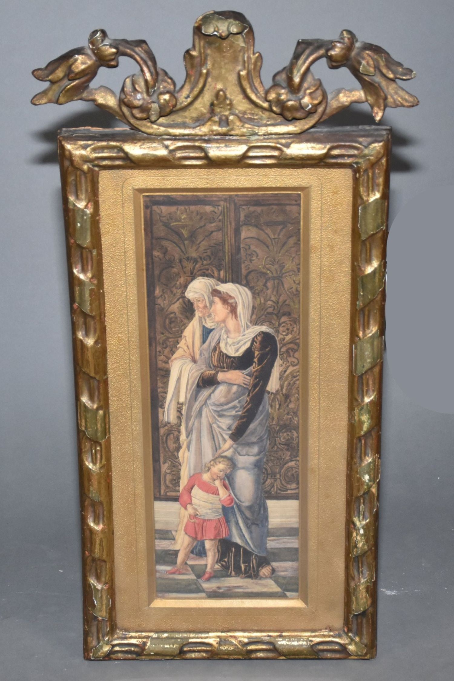 18th Century Watercolor Interior middle ages Family in Antique carved wood frame. painting size is (1 of 6)