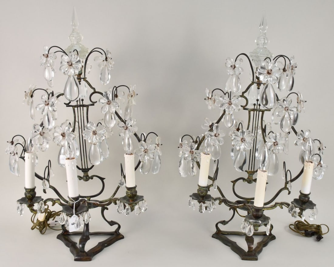 Pair Antique Bronze & Crystal Lyre Form Electrified Candelabra, 29"h x 18"w (1 of 10)
