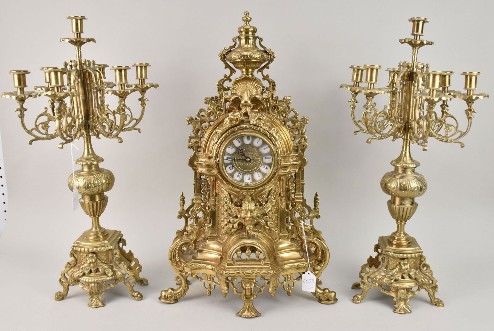 Brass Louis XV-Style Mantle Clock Candelabra Garniture Set - 20th century. An ornate brass mantle (1 of 12)
