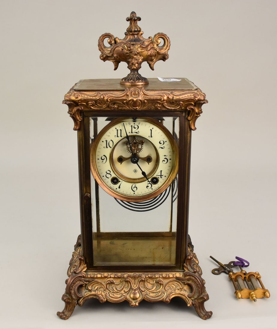 Victorian Shelf Clock, Gilt Metal, Porcelain Face, Ansonia Clock Co. NY, 16"h x 8 1/4"w x 7"d (1 of 10)