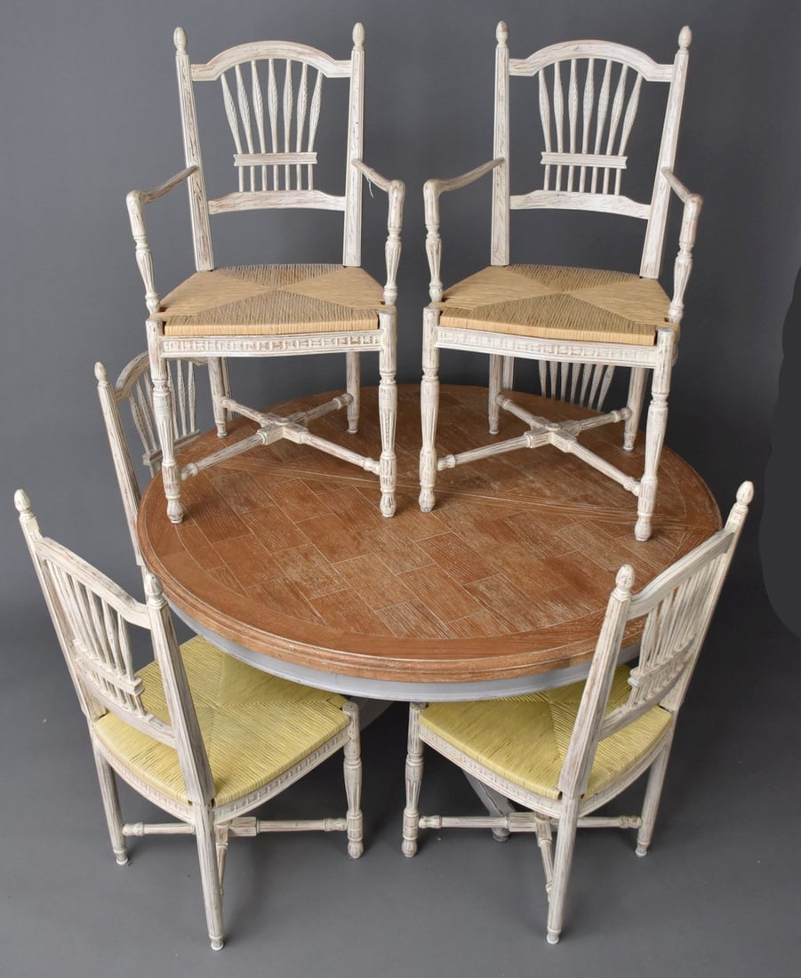 French Provincial Style Table and Chairs.  (54"dia Table) 6 White Wash With Wheat Motif Spindles- 2 (1 of 12)