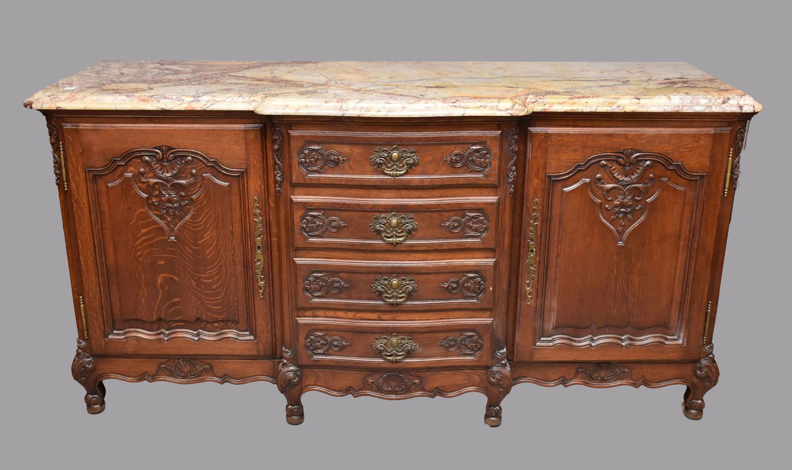 Country French Oak Buffet, 4 Carved Serpentine Center Drawers Flanked By 2 Cabinet Doors with Marble (1 of 6)