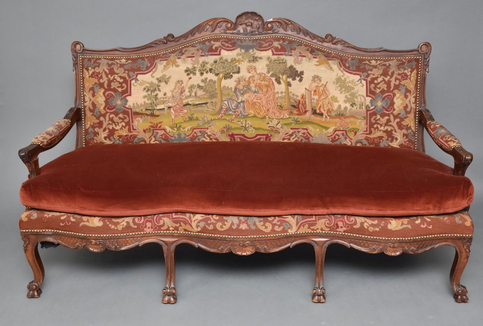 Antique Needlepoint Tapestry Serpentine Sofa, Velvet Cushions and Carved Frame, 64"h x 44"w (1 of 7)