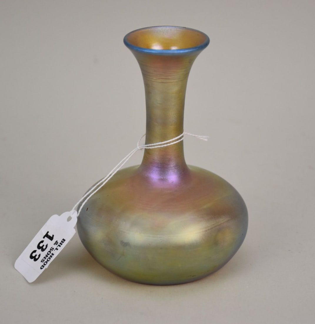 Aurene Vase Punched gold tone iridescent glass vase No.131 H. 5â€ x D. 3 Â¾â€ (1 of 7)