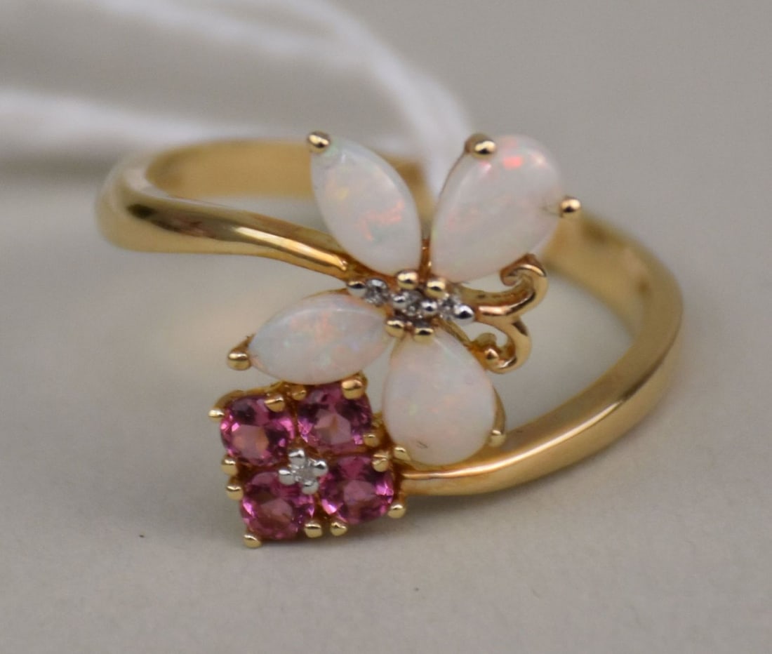 14K Yellow Gold Butterfly Ring. Opal & pink tourmaline Size 9.5 wt. 3.8 grams (1 of 3)