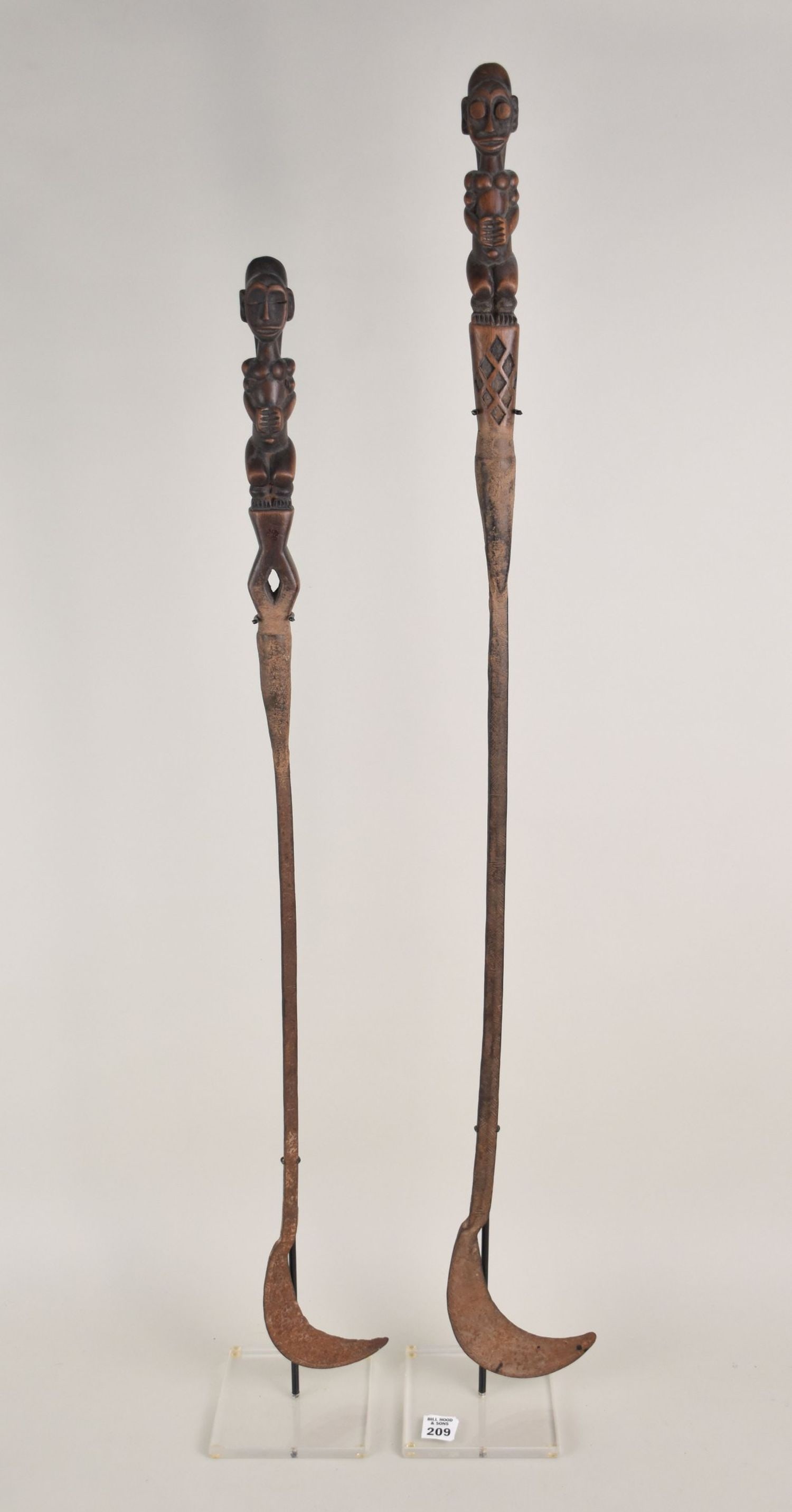 2 Antique African Sickles, Custom Mounted For Display, 33 1/2"h & 37 1/2"h: 2 Antique African Sickles, Custom Mounted For Display, 33 1/2"h & 37 1/2"h