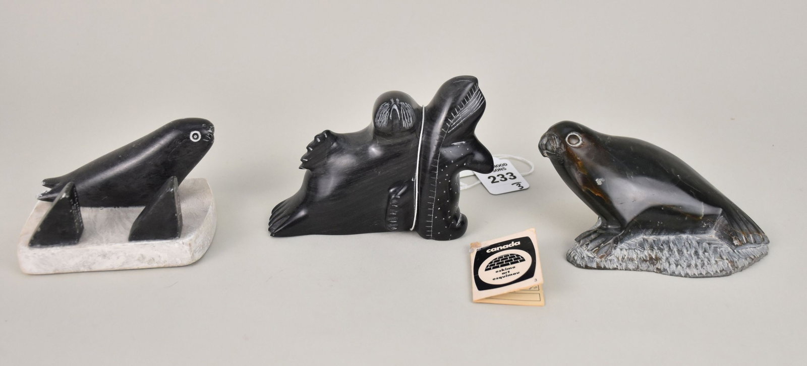 Three Carved Soapstone Animal Figures Canadian Eskimo Inuit - A) Seal, carved & etched soapstone, (1 of 10)