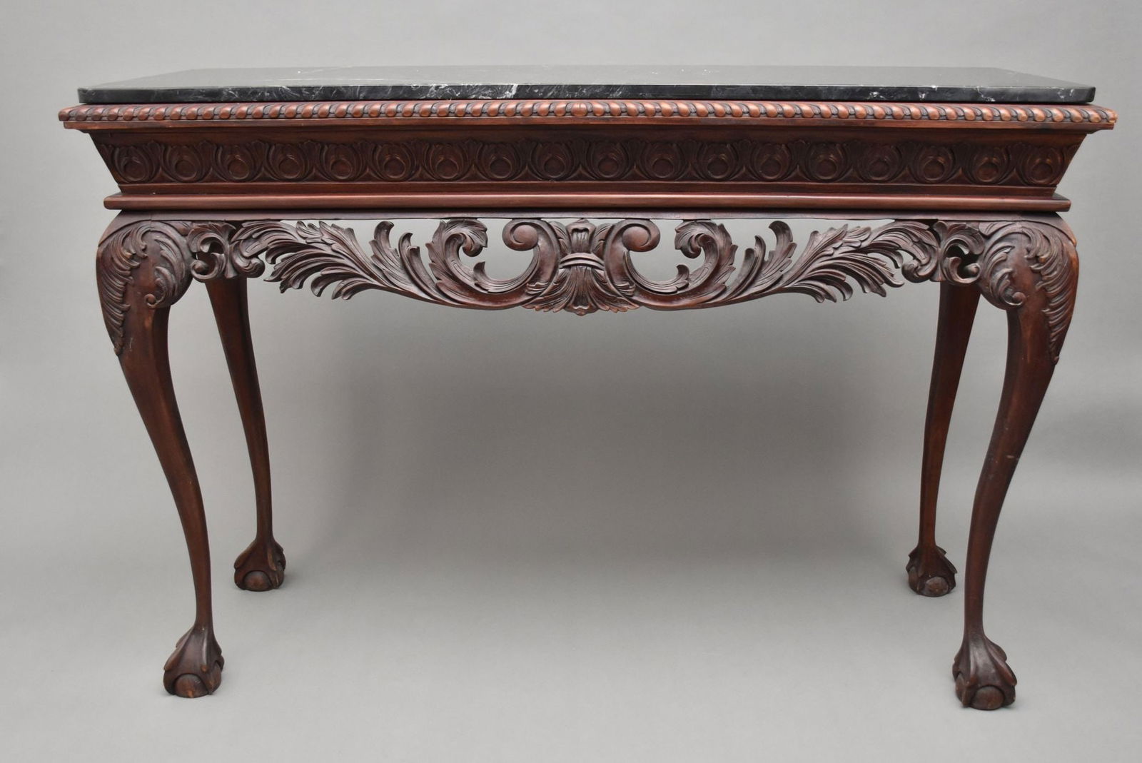 Antique Console Deeply Carved Frieze on Cabriole Legs with Ball & Claw Feet, Black Marble Top, 41"h (1 of 8)