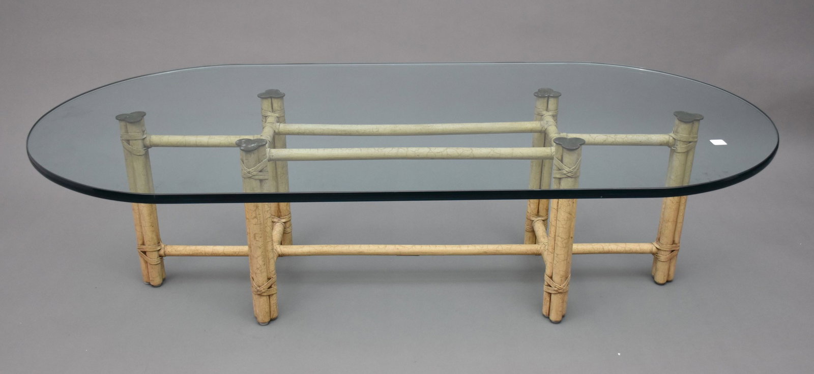 Oval Glass Top Coffee Table on Rattan Base, McGuire Label (1 of 5)