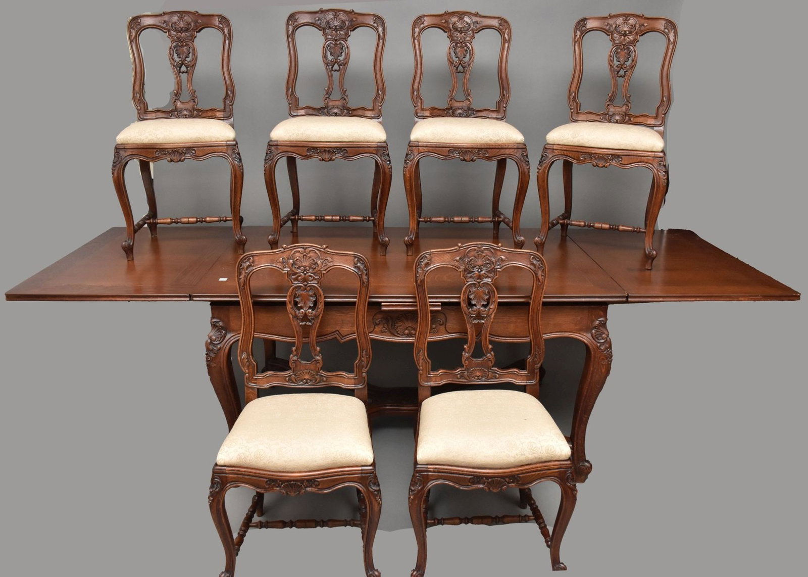 Oak Dining Table Carved Stretcher Base and 6 Matching Chairs, 31"h x 110"L x (open leaves) x 39"w (1 of 13)